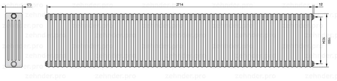 Схема (чертеж) Радиатор Zehnder Charleston 5110/59 №7610 Белый глянцевый RAL 9016
